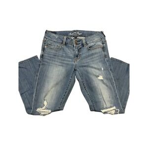 American Eagle Stretch Distressed Ripped CroppedJeans Medium Wash Denim size 10‎